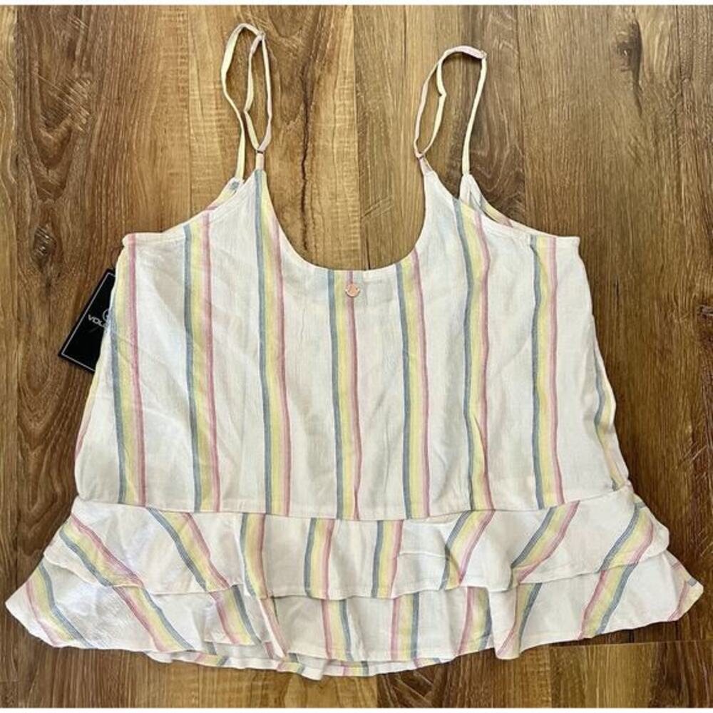 Volcom Women's Ruffled Tropical Stripe Island Cami‎ Tank Size XS NEW - Picture 3 of 13